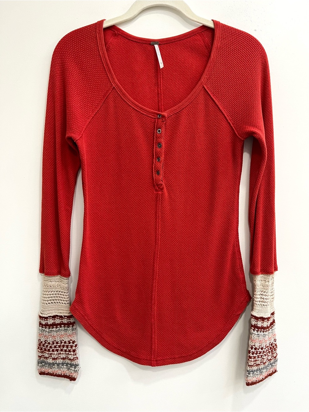 Free People Ski Lodge Crochet Cuff Thermal Top In Crimson Combo Orange Small